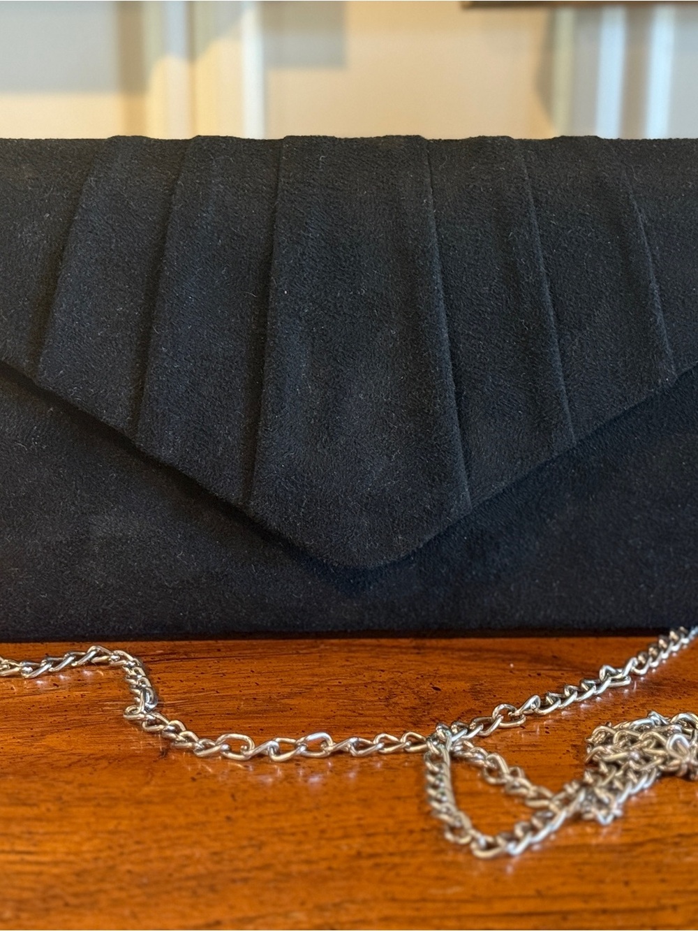 Black Suede Envelope Clutch with Silver Chain